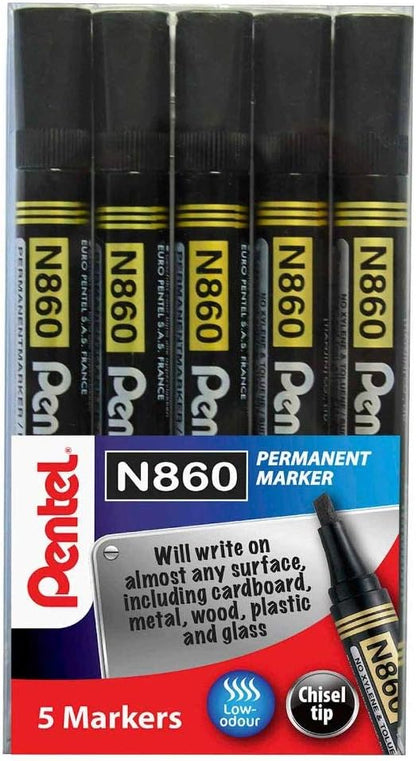Pentel N860 Permanent Marker Chisel Tip Pack of 5 Black