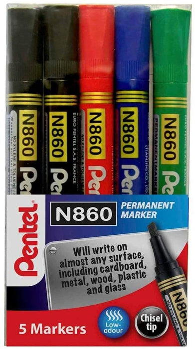 Pentel N860 Permanent Marker Chisel Tip Pack of 5