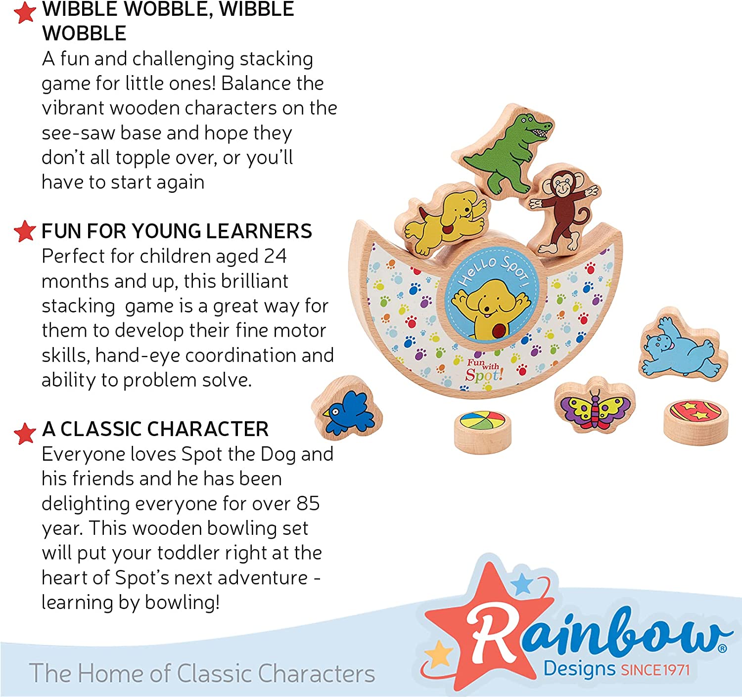 Rainbow Designs Spot the Dog Wooden Balancing Game - Balancing Blocks Stacking Game for Toddlers - Sensory Building Game Wooden Balancing Toy