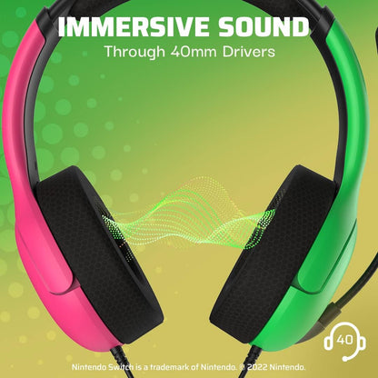 PDP Gaming LVL40 Stereo Headset with Mic for Nintendo Switch - PC, iPad, Mac, Laptop Compatible - Noise Cancelling Microphone, Lightweight, Soft Comfort On Ear Headphones, 3.5 mm Jack - Pink & Green