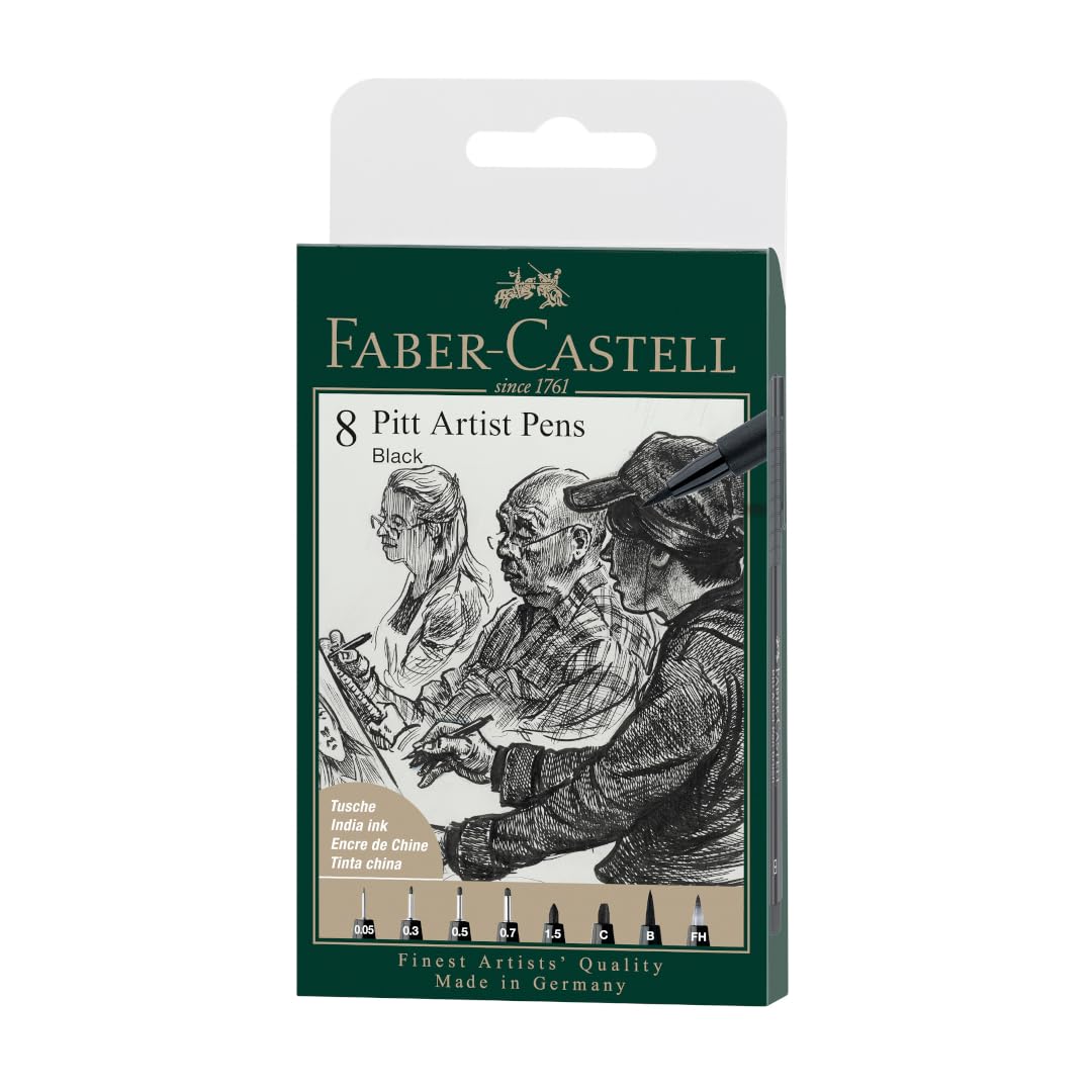 Faber-Castell Art & Graphic Pitt Artist Pen India Ink Pen, Black, Wallet Of 8, For Art, Craft, Drawing, Sketching, Home, School, University, Colouring