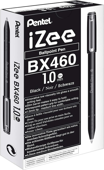 Pentel BX460-A IZee - Bolígrafo (con capuchón, clip de metal, grosor de trazo de 0,5 mm, 12 unidades), color negro