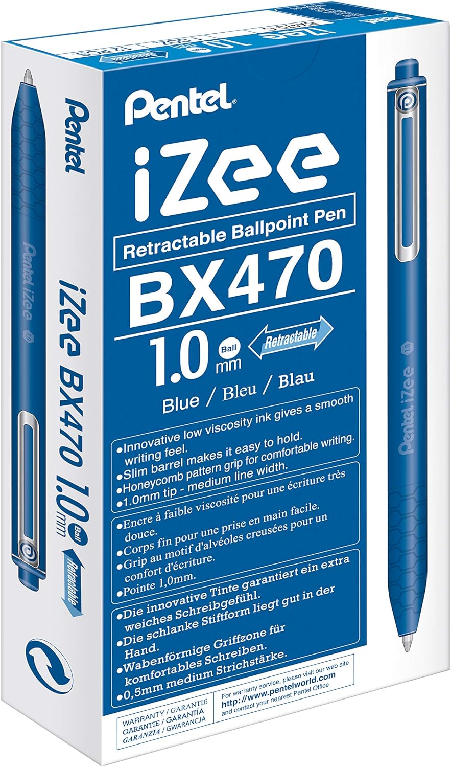 IZEE BALLPOINT RETRACTABLE PEN 1.0MM TIP, BLUE INK, 12 PACK