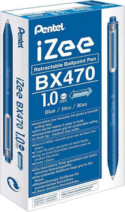 IZEE BALLPOINT RETRACTABLE PEN 1.0MM TIP, BLUE INK, 12 PACK