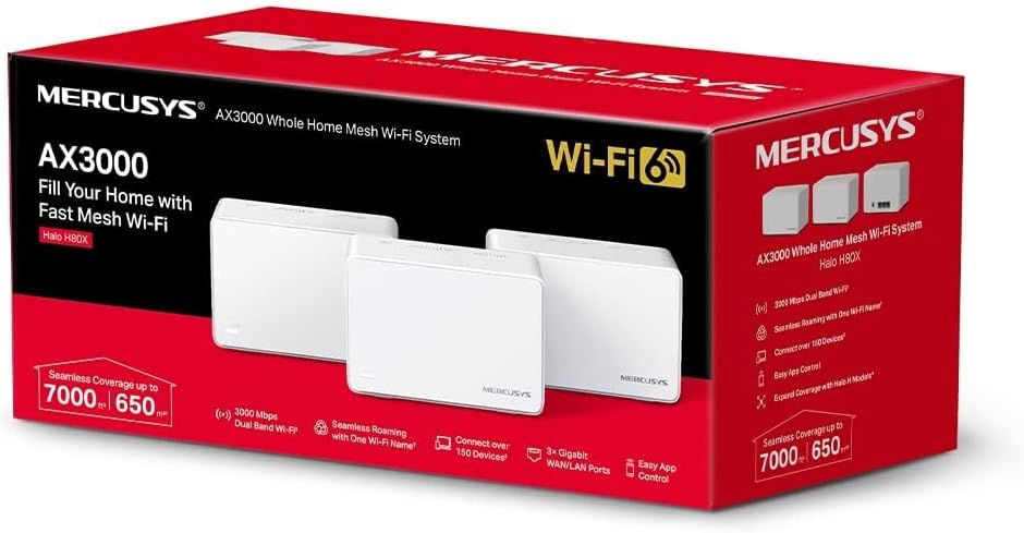 Mercusys AX3000 Mesh WiFi, Whole Home Mesh WiFi Extender Booster Covers up to 650m², Connect up to150 Devices, 160 MHz Channels,Full Gigabit Ports, Dual Band Wi-Fi,Easy App Control, Halo H80X (3-pack)