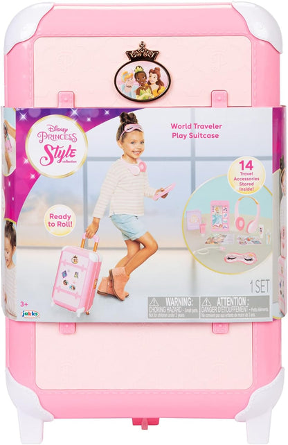 Disney Princess Travel Suitcase Play Set for Girls with Luggage Tag Style Collection, 14 Pretend Play Accessories Pieces Including Travel Passport! for Ages 3+