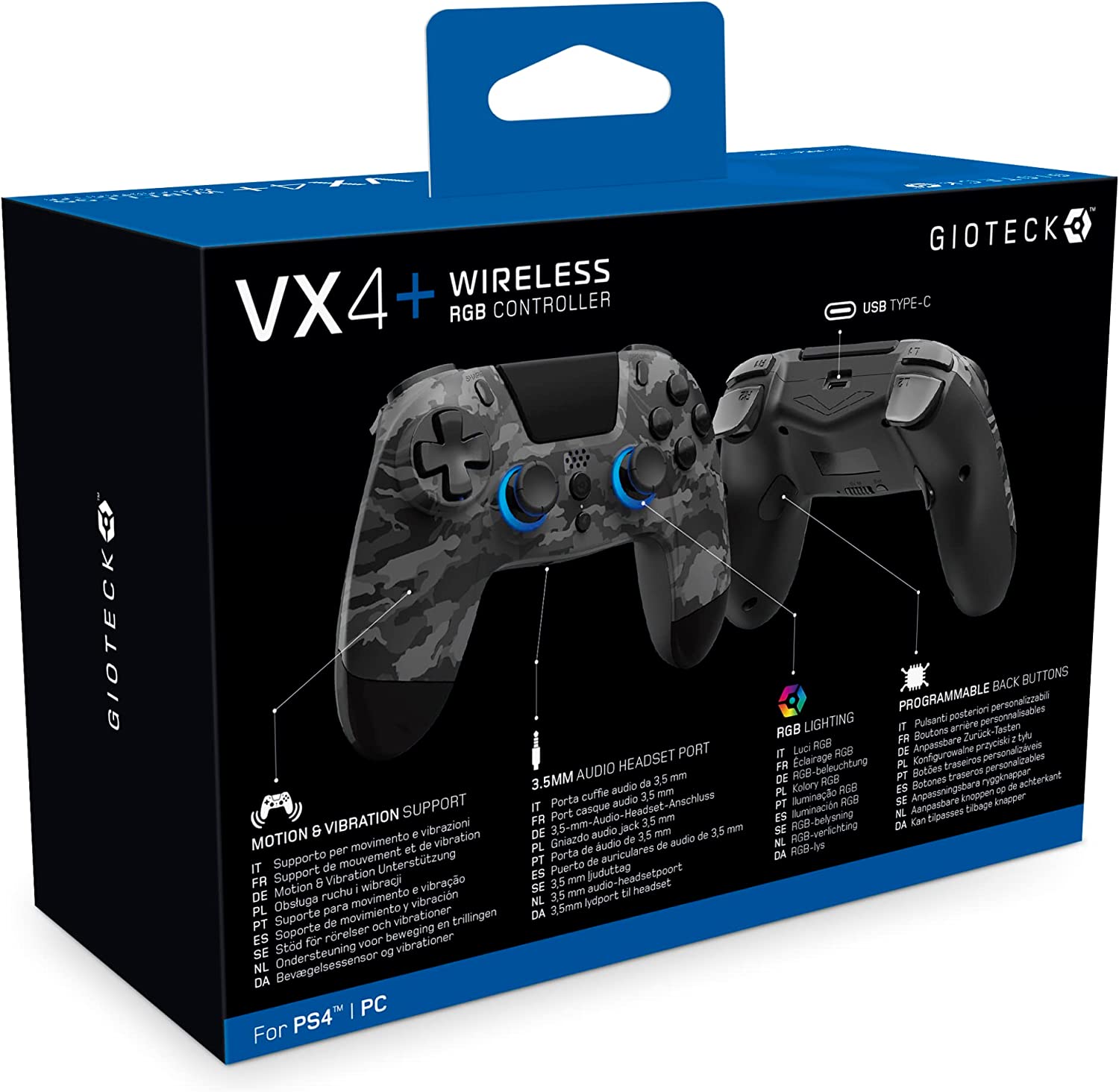 Gioteck VX4+ Wireless Controller for PlayStation 4 (PS4) - Dark Camo - Customisable RGB Lighting and Programmable Back Buttons - Bluetooth Compatible