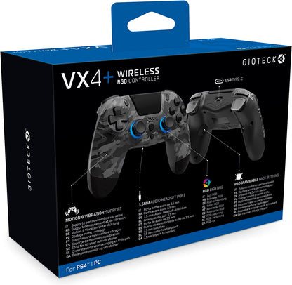 Gioteck VX4+ Wireless Controller for PlayStation 4 (PS4) - Dark Camo - Customisable RGB Lighting and Programmable Back Buttons - Bluetooth Compatible