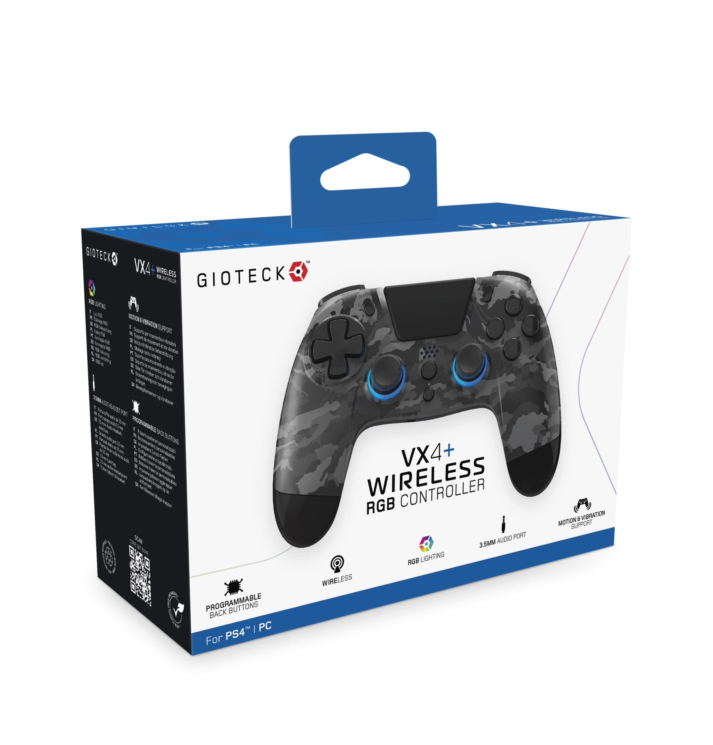 Gioteck VX4+ Wireless Controller for PlayStation 4 (PS4) - Dark Camo - Customisable RGB Lighting and Programmable Back Buttons - Bluetooth Compatible