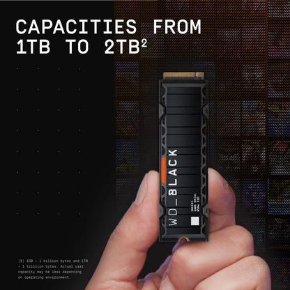 WD_BLACK SN850X 1TB NVMe M.2 SSD, M.2 2280 NVMe SSD with Heatsink, Gaming Expansion SSD, PCIe Gen4 NVMe, High Performance Internal SSD, Read speeds up to 7300 MB/s, Write speeds up to 6,300 MB/s