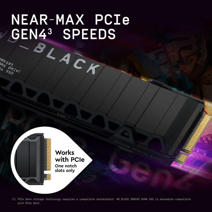 WD_BLACK SN850X 1TB NVMe M.2 SSD, M.2 2280 NVMe SSD with Heatsink, Gaming Expansion SSD, PCIe Gen4 NVMe, High Performance Internal SSD, Read speeds up to 7300 MB/s, Write speeds up to 6,300 MB/s