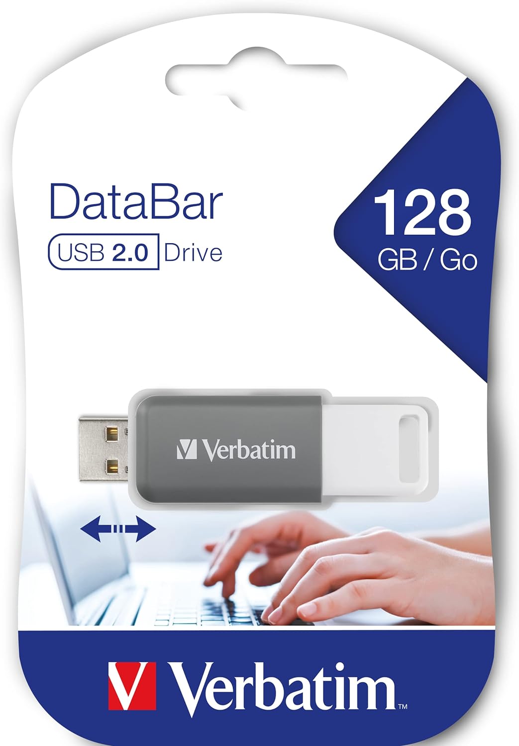 Verbatim DataBar USB Stick Compact Flash Drive with 128GB Data Storage Portable USB 2.0 Memory Stick in Grey Ideal for Laptop, PC and Notebook