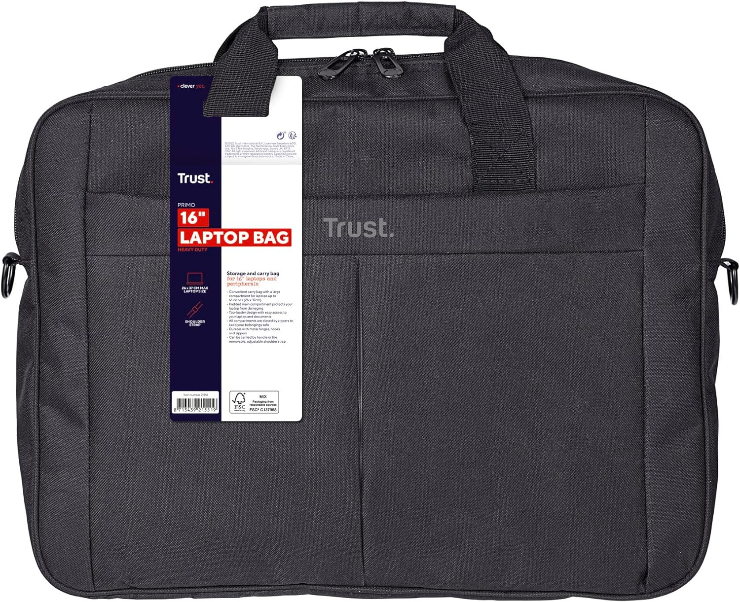 Trust Primo Laptop Bag 16 Inch, Work Bag with Padded Interior, Adjustable Shoulder Strap, Dual Metal Zippers, Messenger Bag for Business, Notebooks, Macbook - Black