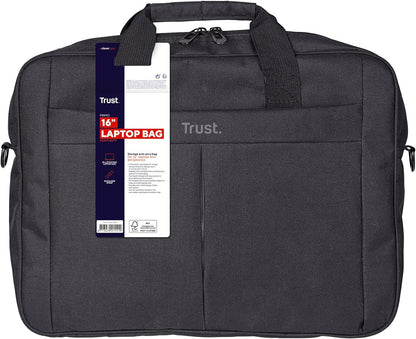 Trust Primo Laptop Bag 16 Inch, Work Bag with Padded Interior, Adjustable Shoulder Strap, Dual Metal Zippers, Messenger Bag for Business, Notebooks, Macbook - Black