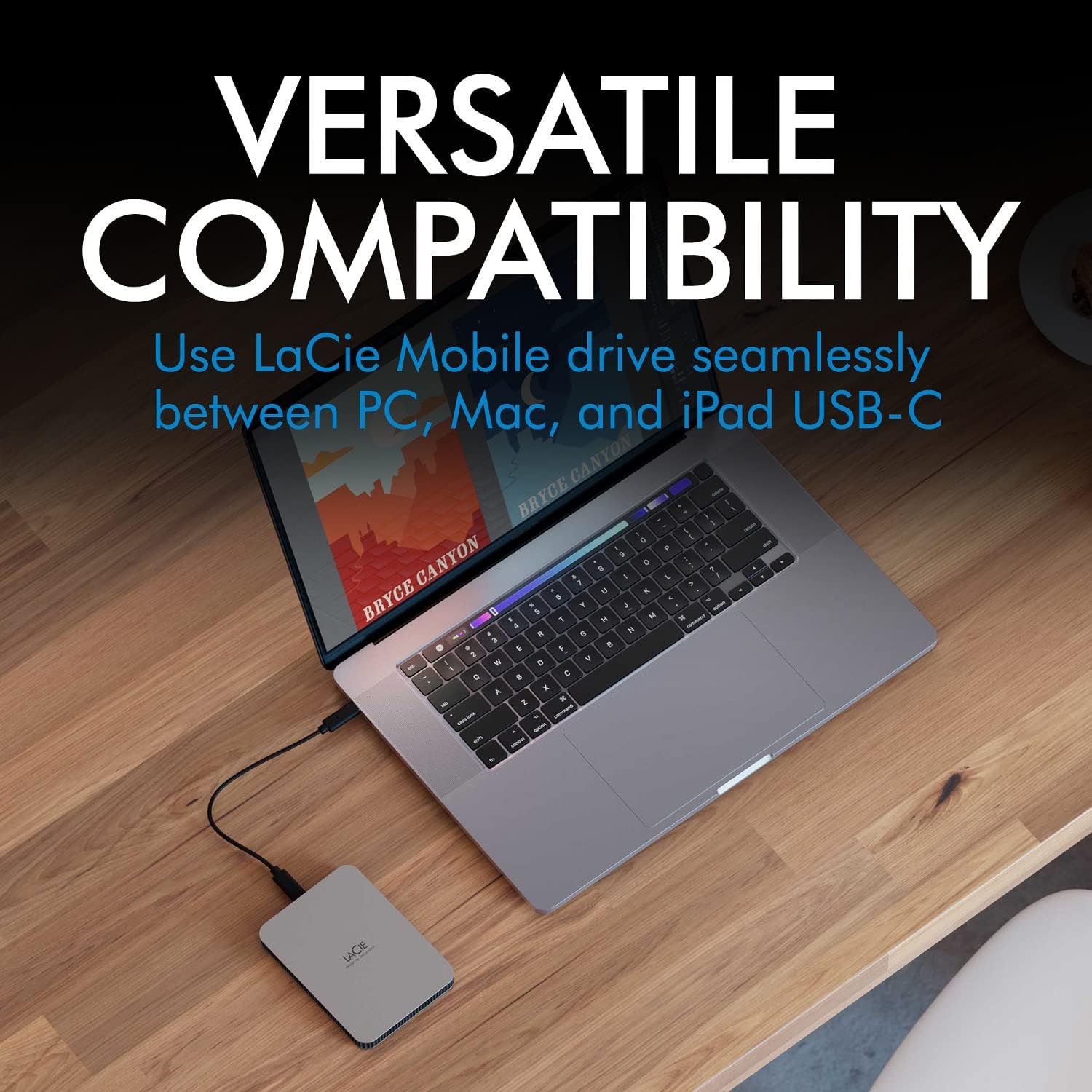 LaCie Mobile Drive Moon, 4TB, External Hard Drive Portable, Silver, USB-C 3.2, PC, Mac, with Adobe Creative Cloud, 3 Years Rescue Services (STLP4000400