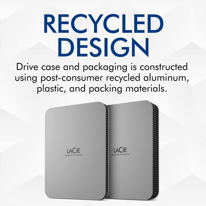LaCie Mobile Drive Moon, 4TB, External Hard Drive Portable, Silver, USB-C 3.2, PC, Mac, with Adobe Creative Cloud, 3 Years Rescue Services (STLP4000400