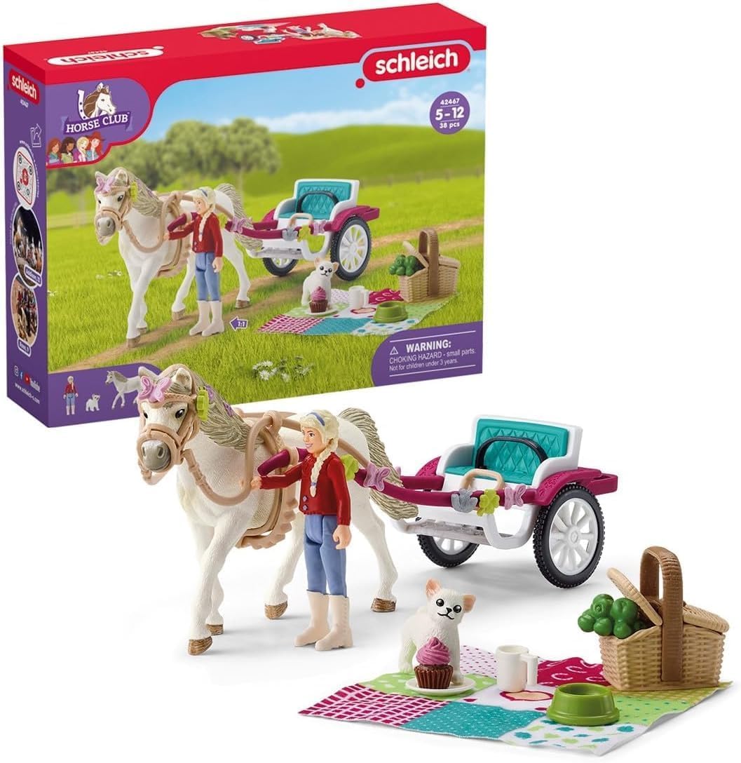 schleich HORSE CLUB — 42467 Carriage Ride With Picnic Playset, 32-Piece Horse and Carriage Toy Set with Doll, Stocked Picnic Basket and Accessories, Horse Toys for Girls & Boys Ages 5+ New packaging
