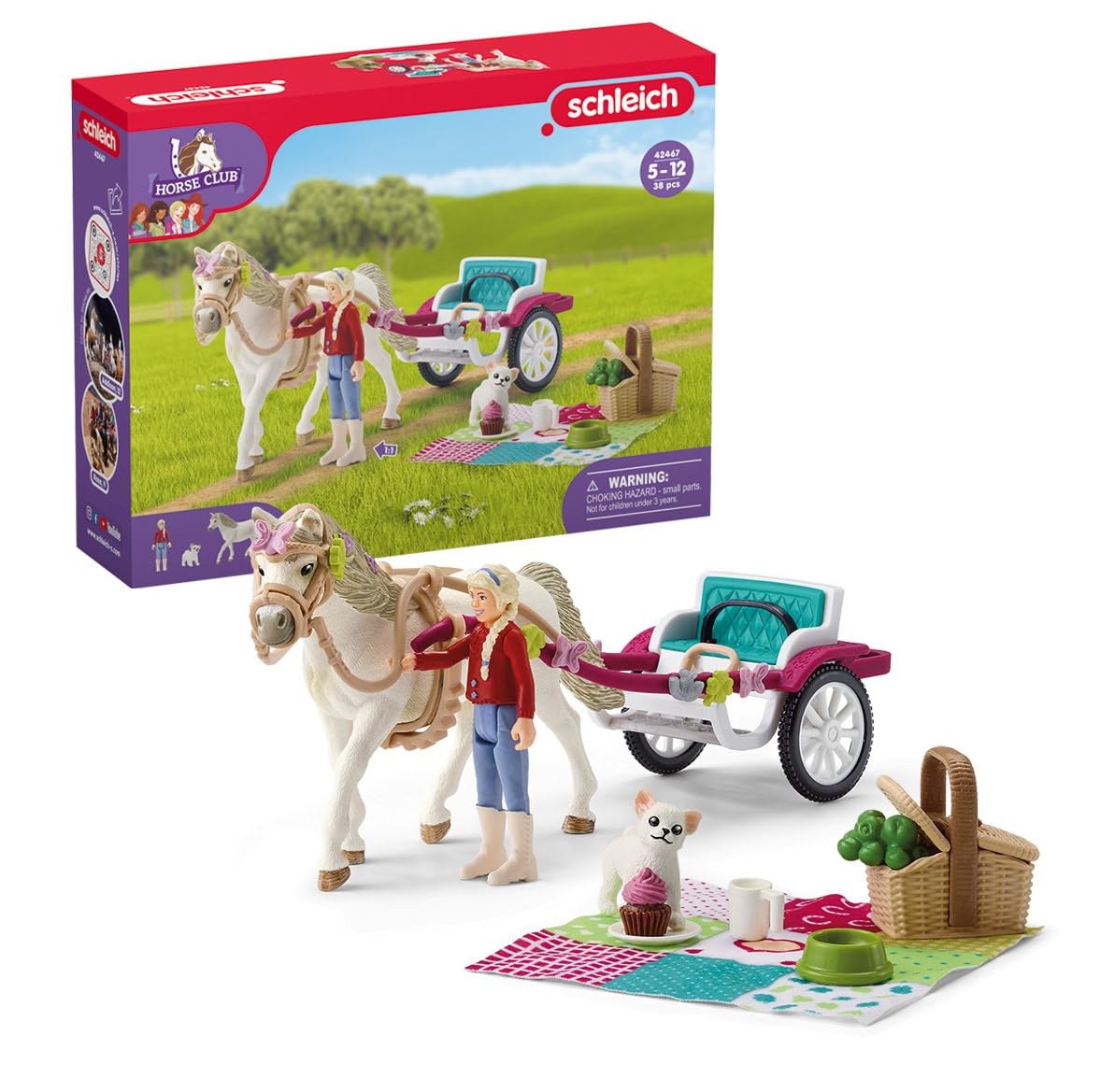 schleich HORSE CLUB — 42467 Carriage Ride With Picnic Playset, 32-Piece Horse and Carriage Toy Set with Doll, Stocked Picnic Basket and Accessories, Horse Toys for Girls & Boys Ages 5+ New packaging