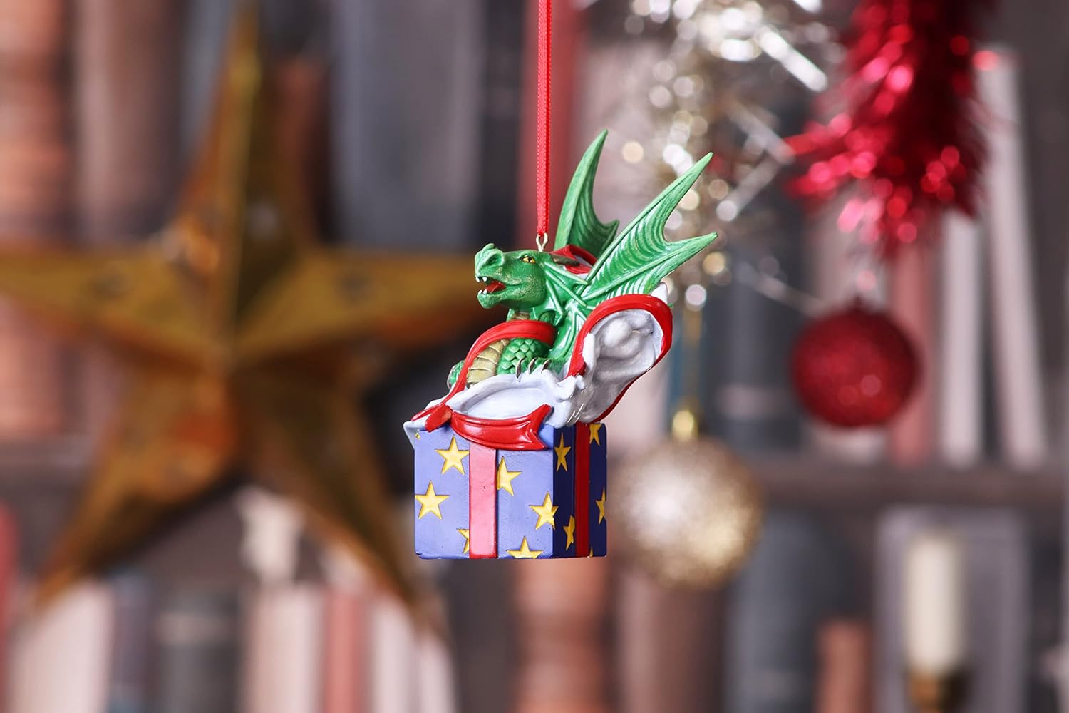 Nemesis Now Anne Stokes Surprise Gift Dragon Hanging Ornament 12.5cm, Resin, Green, Lisa Parker Giftware, Gothic Festive Hanging Decoration, Cast in the Finest Resin, Expertly Hand-Painted