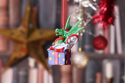 Nemesis Now Anne Stokes Surprise Gift Dragon Hanging Ornament 12.5cm, Resin, Green, Lisa Parker Giftware, Gothic Festive Hanging Decoration, Cast in the Finest Resin, Expertly Hand-Painted