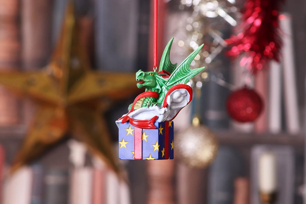 Nemesis Now Anne Stokes Surprise Gift Dragon Hanging Ornament 12.5cm, Resin, Green, Lisa Parker Giftware, Gothic Festive Hanging Decoration, Cast in the Finest Resin, Expertly Hand-Painted