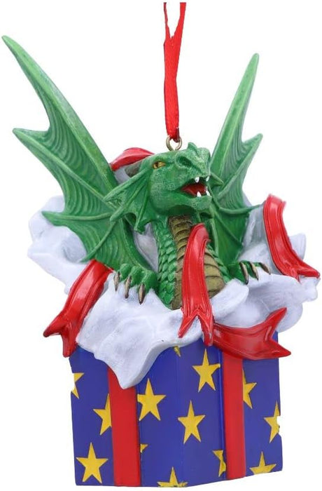 Nemesis Now Anne Stokes Surprise Gift Dragon Hanging Ornament 12.5cm, Resin, Green, Lisa Parker Giftware, Gothic Festive Hanging Decoration, Cast in the Finest Resin, Expertly Hand-Painted