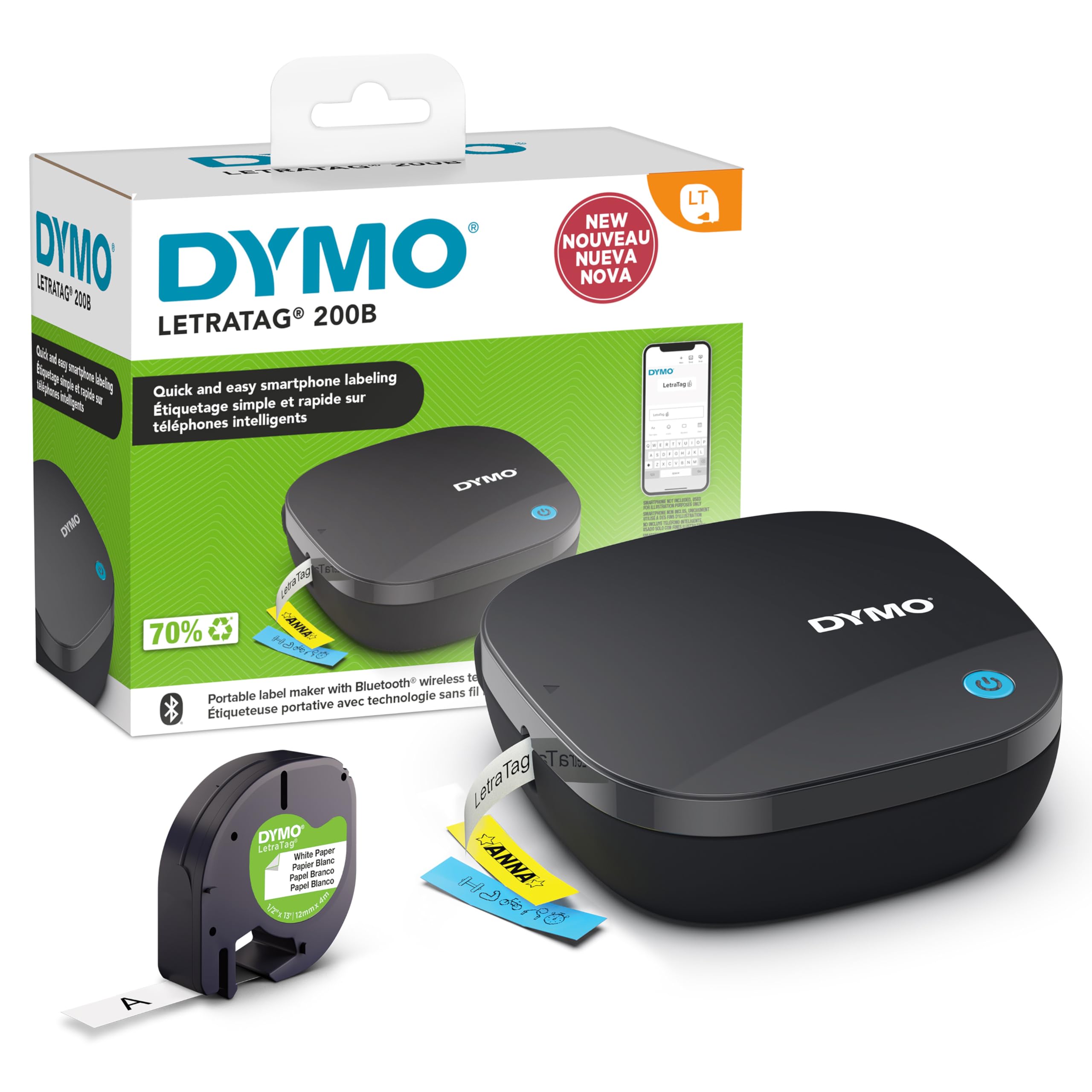 Dymo LetraTag 200B Bluetooth Label Maker | Compact Label Printer | Connects Through Bluetooth Wireless Technology to iOS and Android | Includes 1 White Paper Label Tape