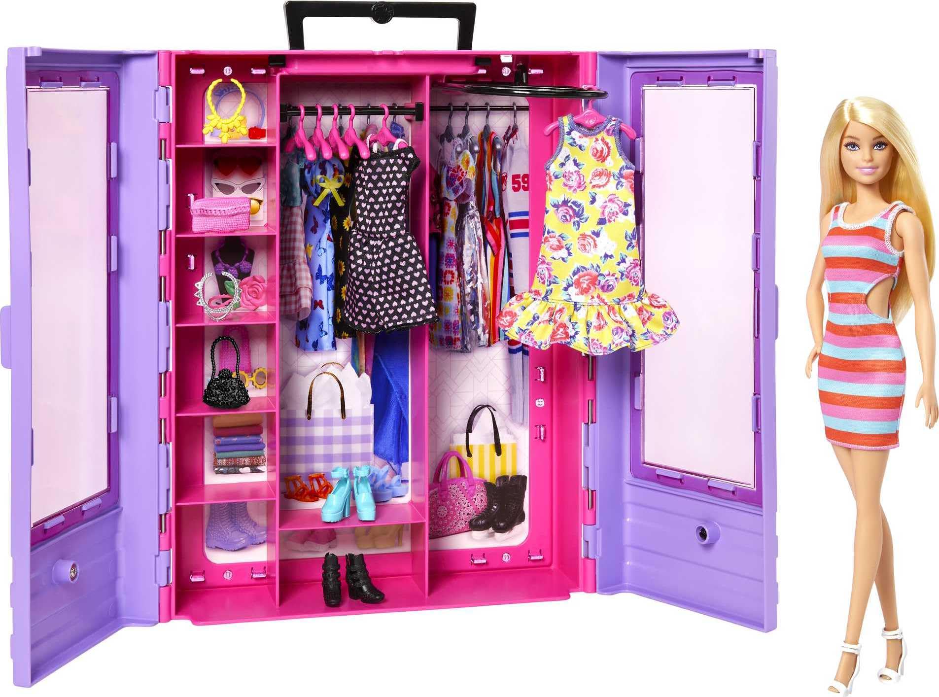 Barbie Fashionistas Ultimate Closet and Doll, One Blonde Barbie Doll with 3 Barbie Outfits, 6 Barbie Hangers and 15 Doll Accessories, Toys for Ages 3 and Up, One Doll and One Closet, HJL66