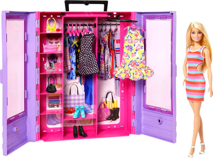 Barbie Fashionistas Ultimate Closet and Doll, One Blonde Barbie Doll with 3 Barbie Outfits, 6 Barbie Hangers and 15 Doll Accessories, Toys for Ages 3 and Up, One Doll and One Closet, HJL66