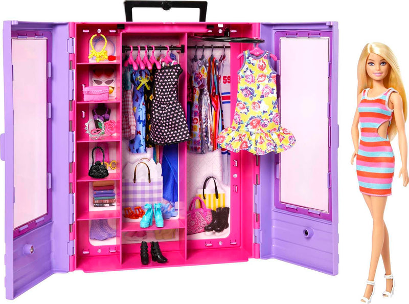 Barbie Fashionistas Ultimate Closet and Doll, One Blonde Barbie Doll with 3 Barbie Outfits, 6 Barbie Hangers and 15 Doll Accessories, Toys for Ages 3 and Up, One Doll and One Closet, HJL66
