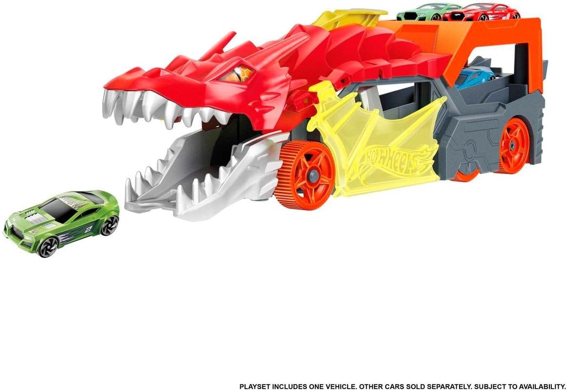 Hot Wheels City Toy Car Track Set, Dragon Launch Transporter & 1:64 Scale Car, Launch Vehicles from Creature's Mouth, Stores up to 5 Vehicles