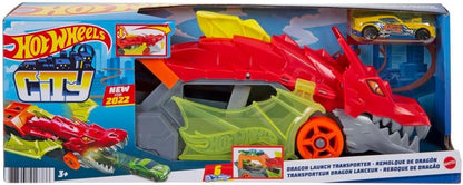 Hot Wheels City Toy Car Track Set, Dragon Launch Transporter & 1:64 Scale Car, Launch Vehicles from Creature's Mouth, Stores up to 5 Vehicles