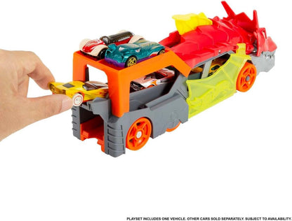 Hot Wheels City Toy Car Track Set, Dragon Launch Transporter & 1:64 Scale Car, Launch Vehicles from Creature's Mouth, Stores up to 5 Vehicles