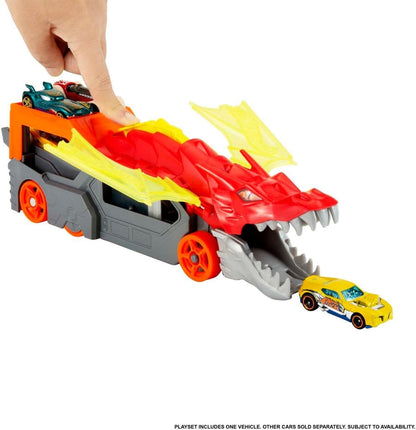 Hot Wheels City Toy Car Track Set, Dragon Launch Transporter & 1:64 Scale Car, Launch Vehicles from Creature's Mouth, Stores up to 5 Vehicles