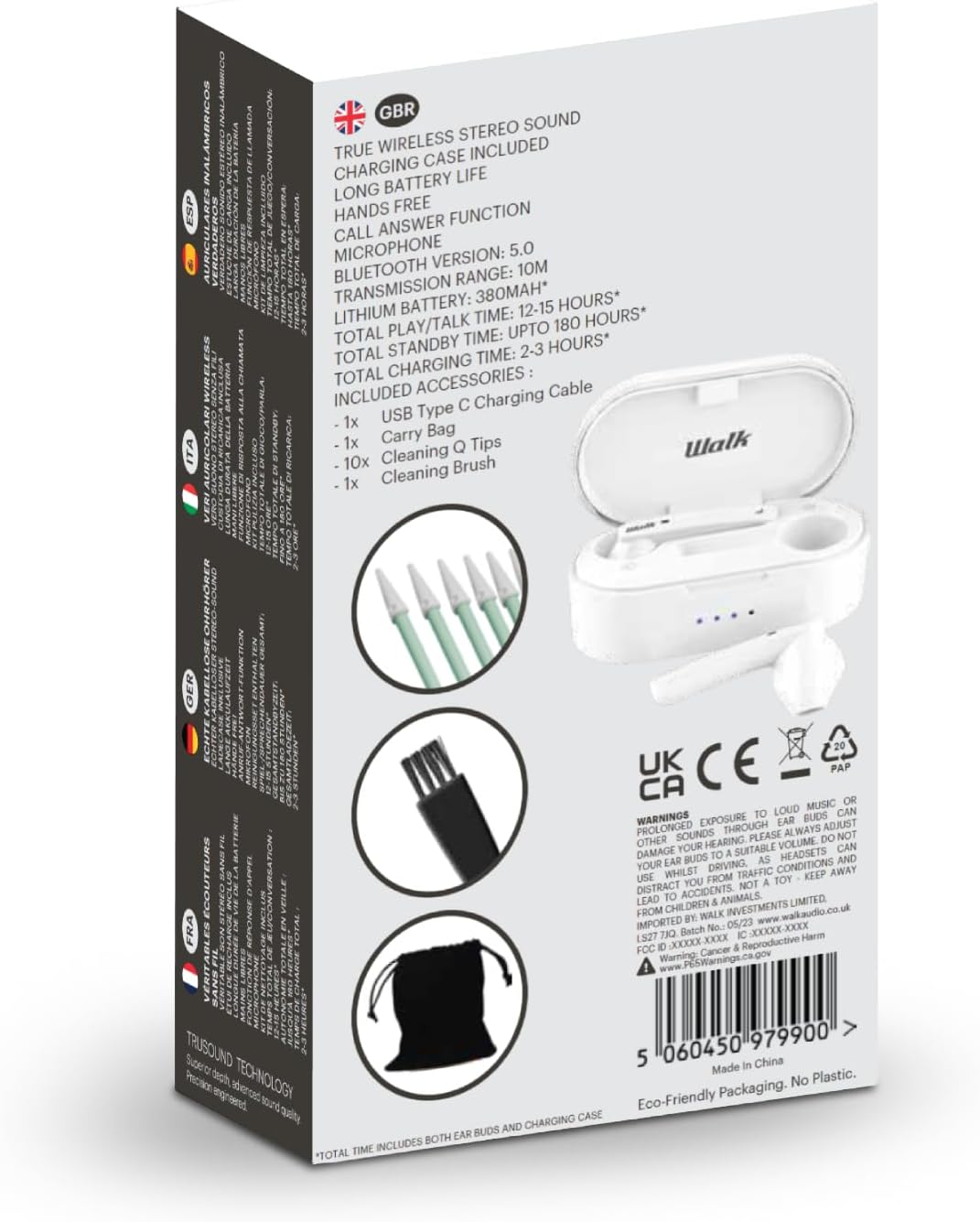 Walk Audio True Wireless In Ear Earphones/In Ear Headphones Plus Cleaning Kit with Bass Boost TruSound Technology