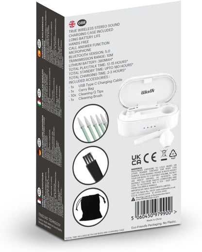 Walk Audio True Wireless In Ear Earphones/In Ear Headphones Plus Cleaning Kit with Bass Boost TruSound Technology