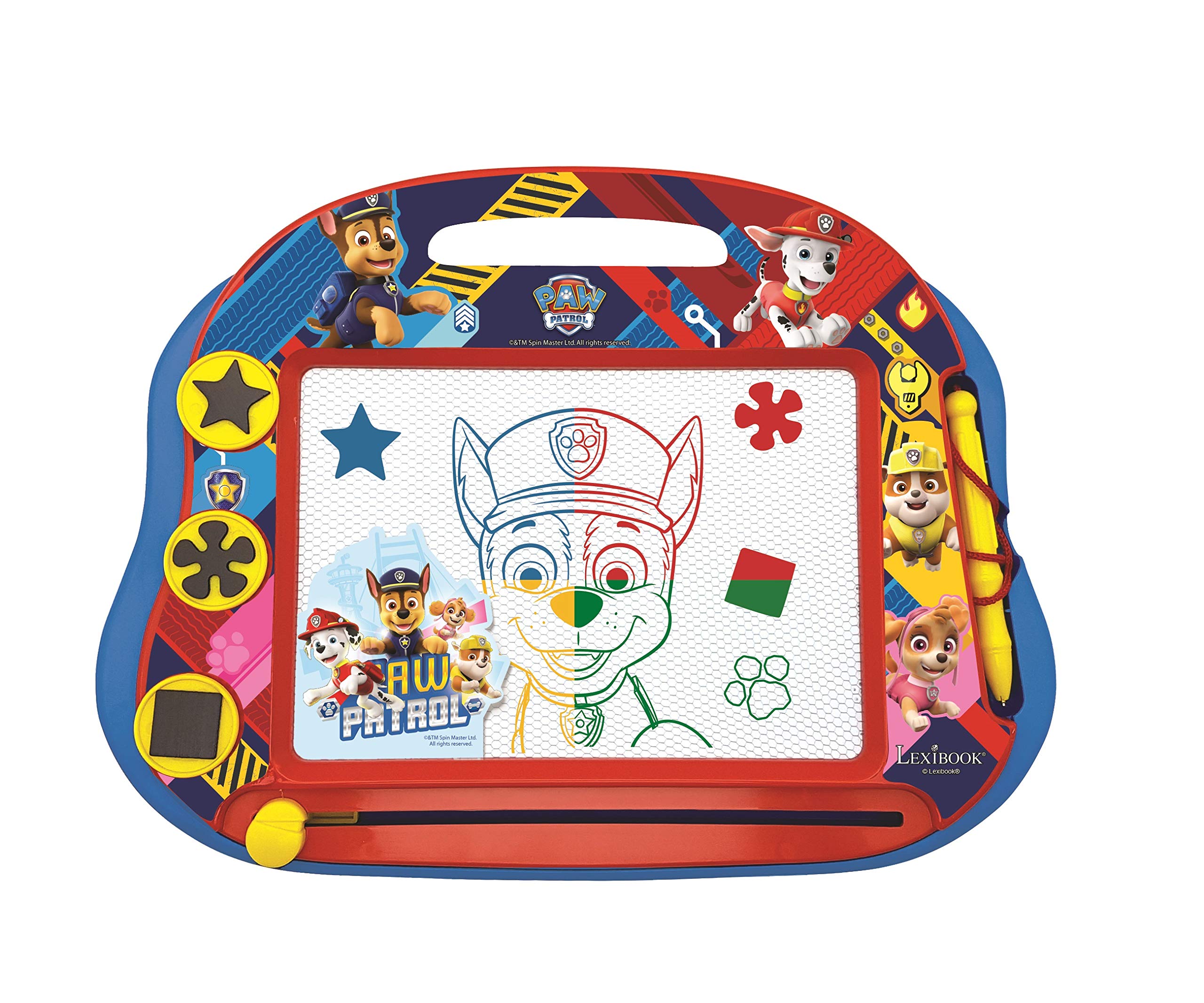 LEXIBOOK, Paw Patrol, Tablero de Dibujo magnético mágico Multicolor, Juguete Creativo artístico para niñas y niños, Lápiz óptico y Sellos, Rojo/Azul, CRPA550