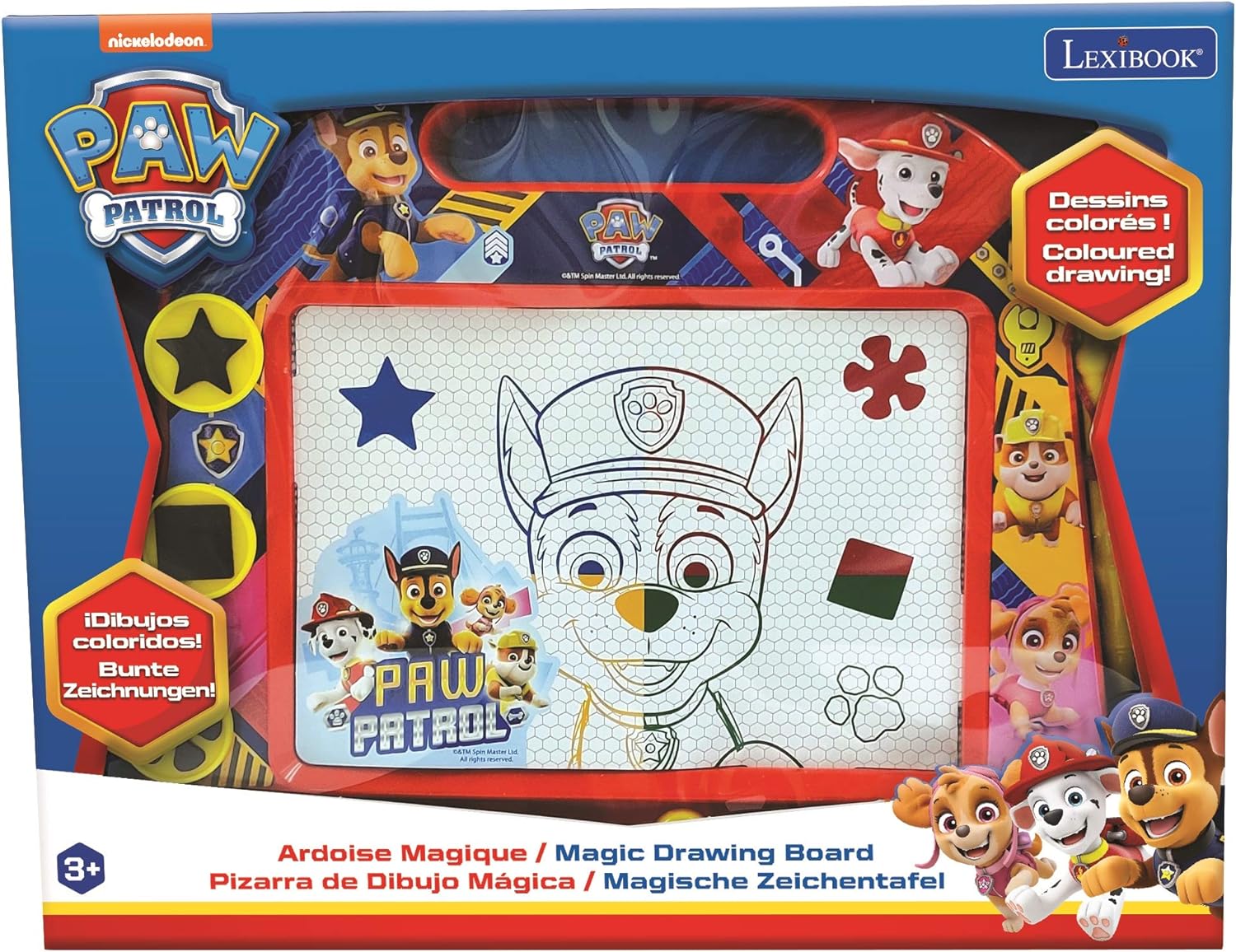 LEXIBOOK, Paw Patrol, Tablero de Dibujo magnético mágico Multicolor, Juguete Creativo artístico para niñas y niños, Lápiz óptico y Sellos, Rojo/Azul, CRPA550