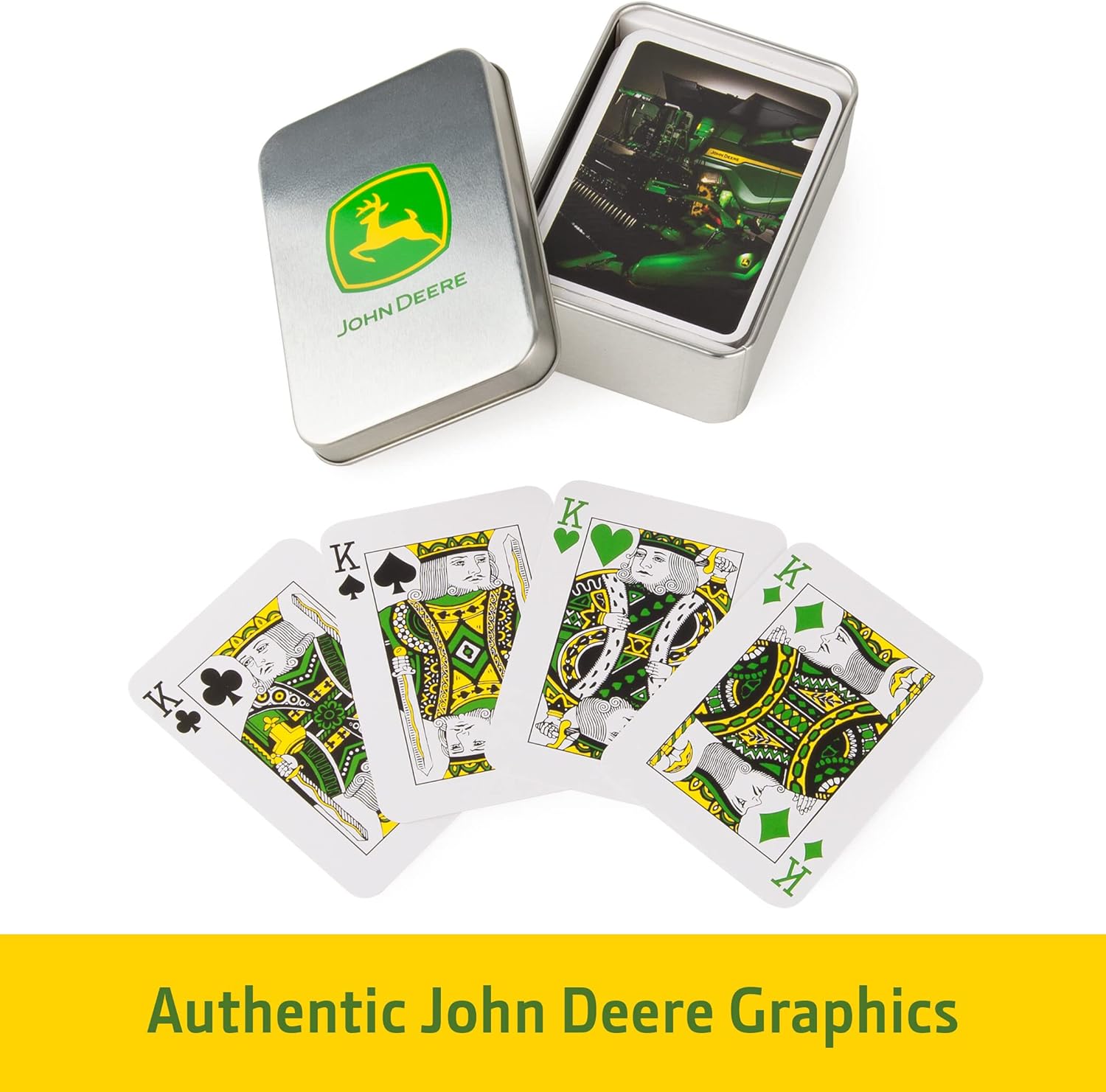 John Deere Playing Cards in Tin, 52 Card Deck Featuring Tractor Image, Includes Collector's Tin Box with Logo, Card Game for Kids Aged 6 Years +