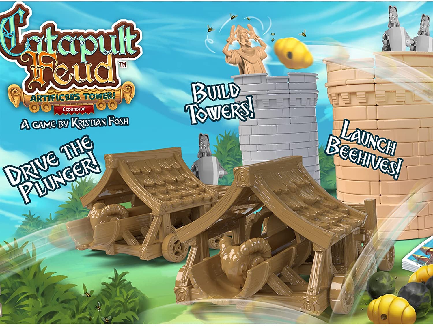 Play All Day Games Catapult Feud Game Artificer’s Tower Expansion - Ready, Aim... Launch The Catapults! 2 Player