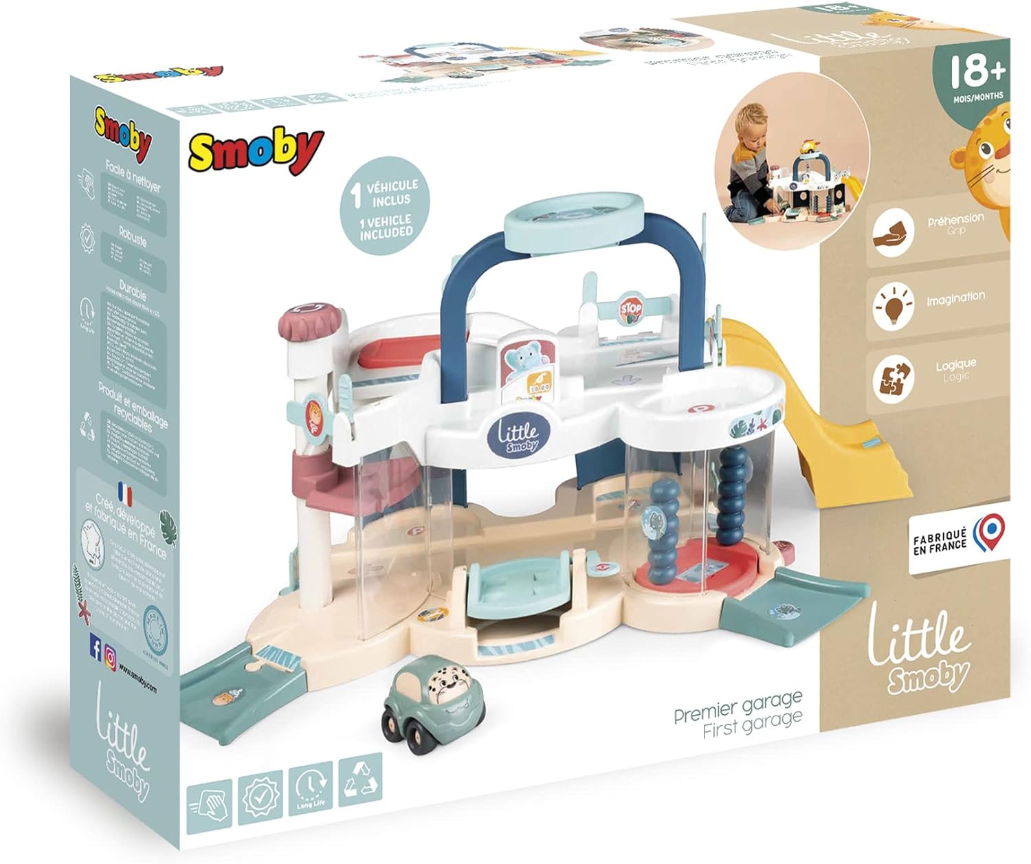 Smoby- Little Smoby Mi Primer Garaje, Incluye 1 Coche y Múltiples Funciones, Elevador, Apto a Partir de 18 Meses (7600140202