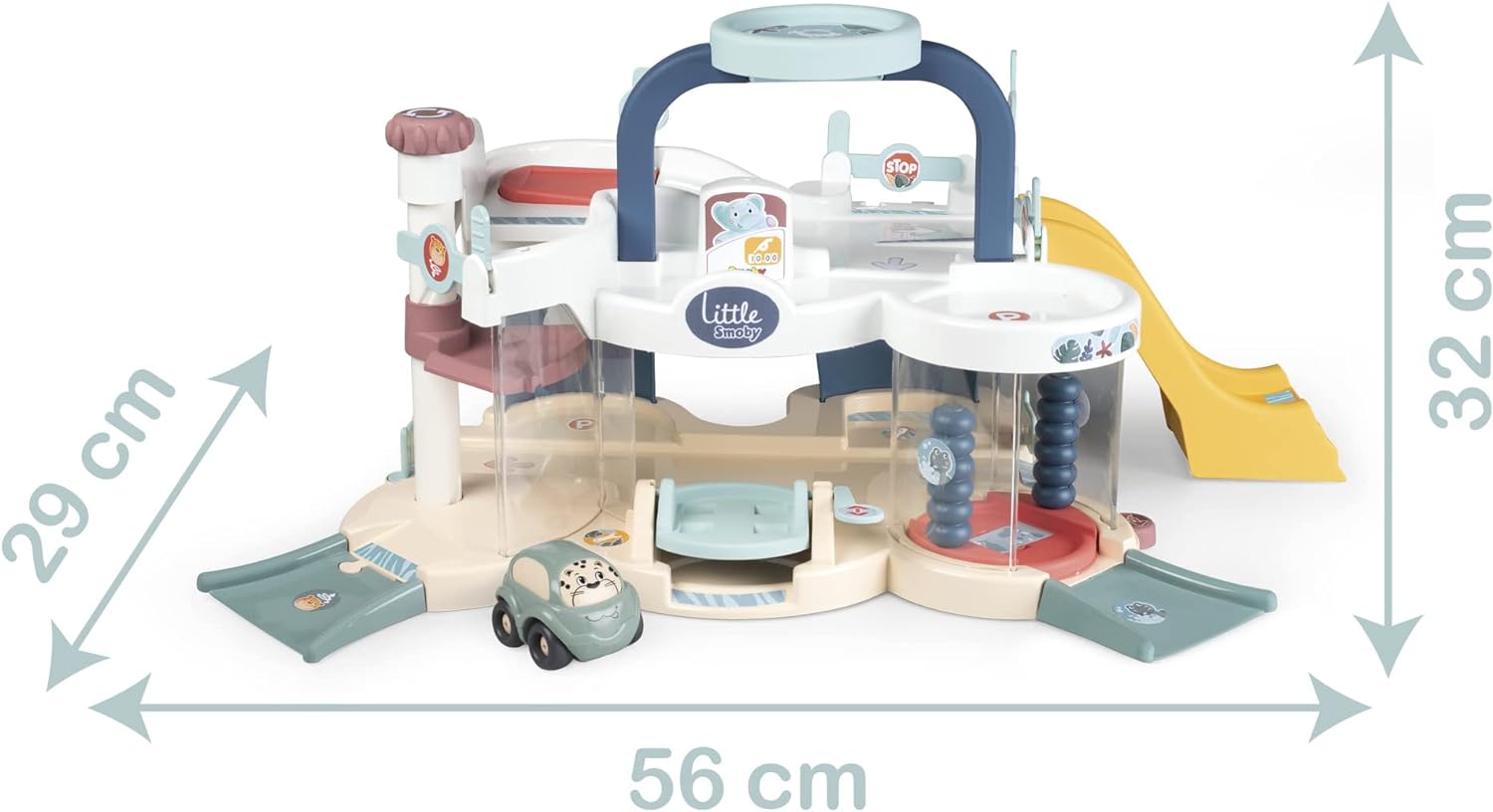 Smoby- Little Smoby Mi Primer Garaje, Incluye 1 Coche y Múltiples Funciones, Elevador, Apto a Partir de 18 Meses (7600140202