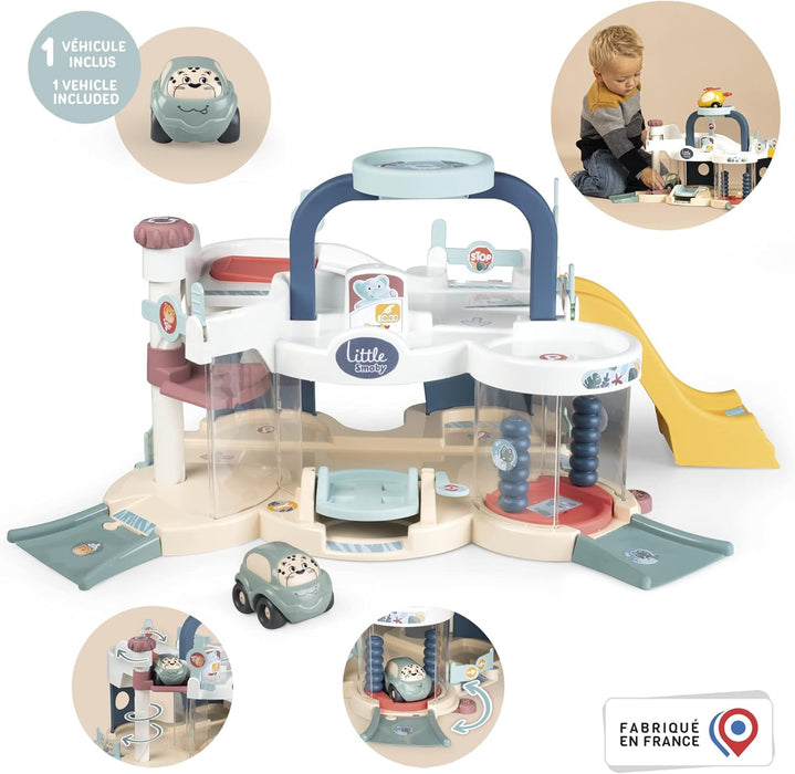 Smoby- Little Smoby Mi Primer Garaje, Incluye 1 Coche y Múltiples Funciones, Elevador, Apto a Partir de 18 Meses (7600140202