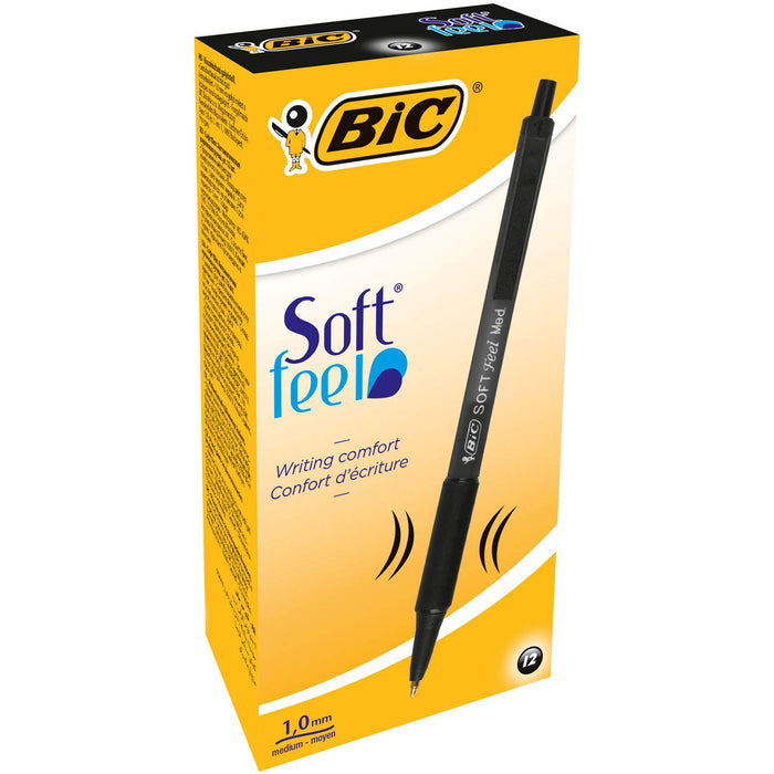 BIC Soft Feel Ballpoint Pens, Retractable Pens, Ideal for School and Office, Medium Point (1.0mm), Black, Pack of 12