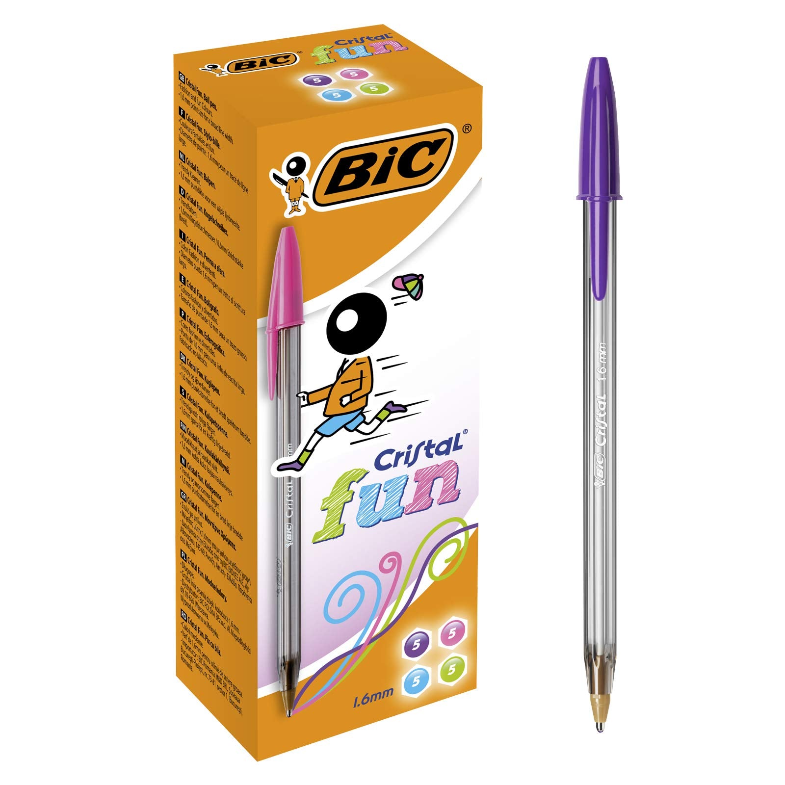 Bic Cristal Fun Ballpoint Pens With Wide Tip (1.6mm) Pens For Colourful Writing In Assorted Colours, Box of 20 (Pack of 2