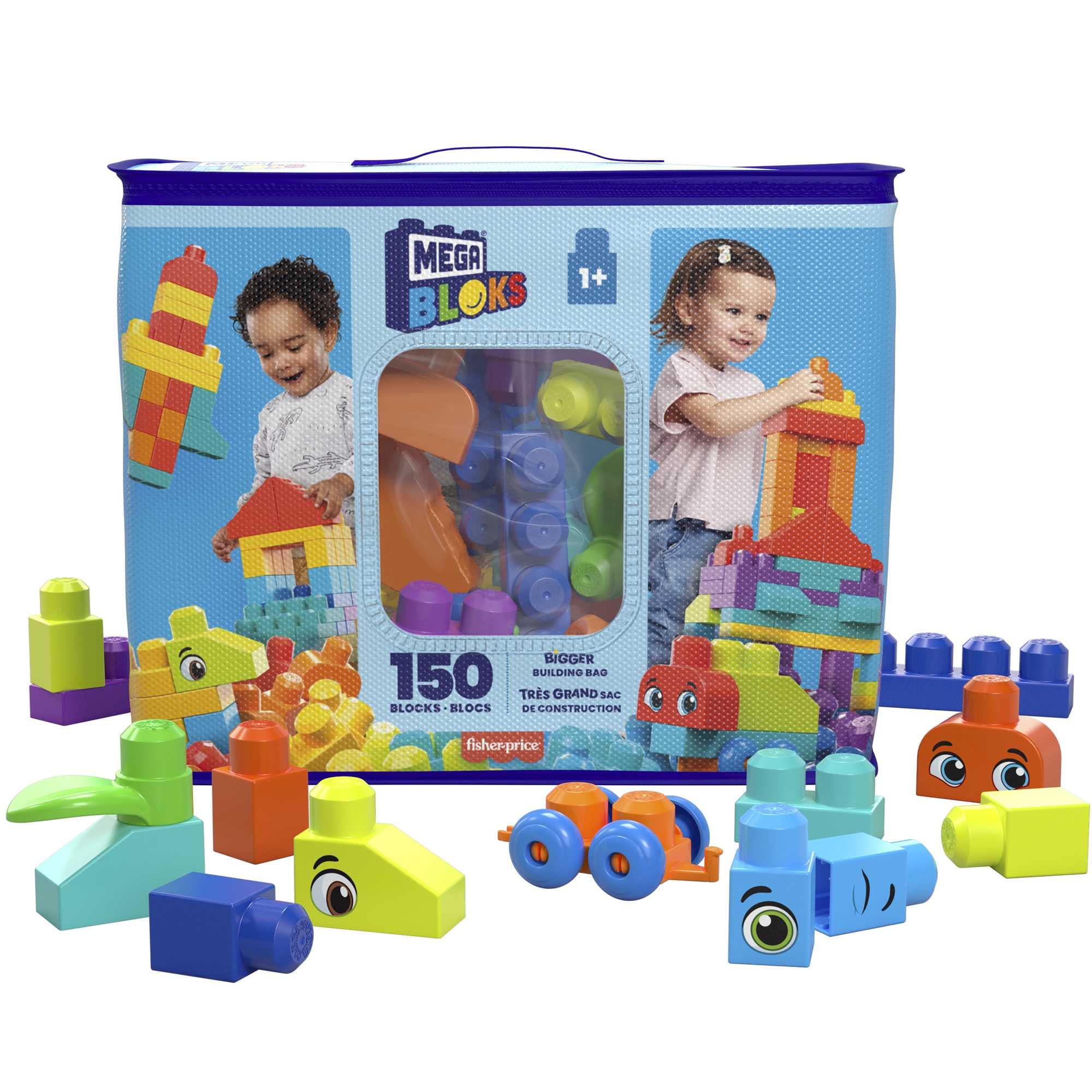 MEGA BLOKS Bigger Building Bag building set with 150 big and colorful building blocks, and 1 storage bag, toy gift set for ages 1 and up