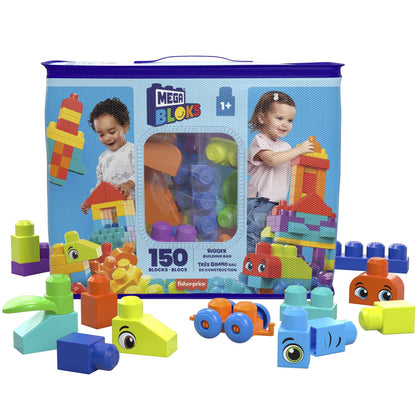 MEGA BLOKS Bigger Building Bag building set with 150 big and colorful building blocks, and 1 storage bag, toy gift set for ages 1 and up