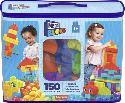 MEGA BLOKS Bigger Building Bag building set with 150 big and colorful building blocks, and 1 storage bag, toy gift set for ages 1 and up