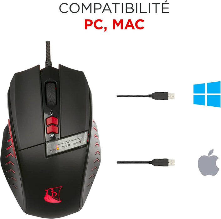 Konix Drakkar Gaming-Maus Runemaster Evo für PC - LED-Hintergrundbeleuchtung - USB-Anschluss - 1,8 m Kabel - Schwarz und Rot