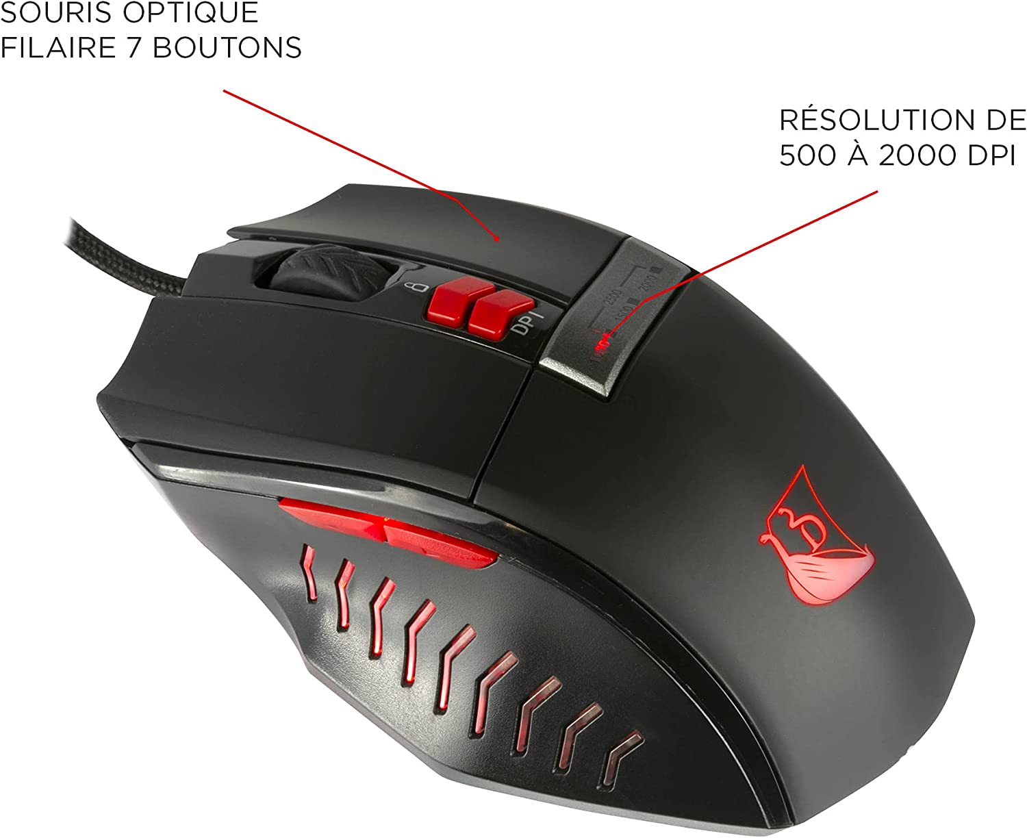 Konix Drakkar Gaming-Maus Runemaster Evo für PC - LED-Hintergrundbeleuchtung - USB-Anschluss - 1,8 m Kabel - Schwarz und Rot